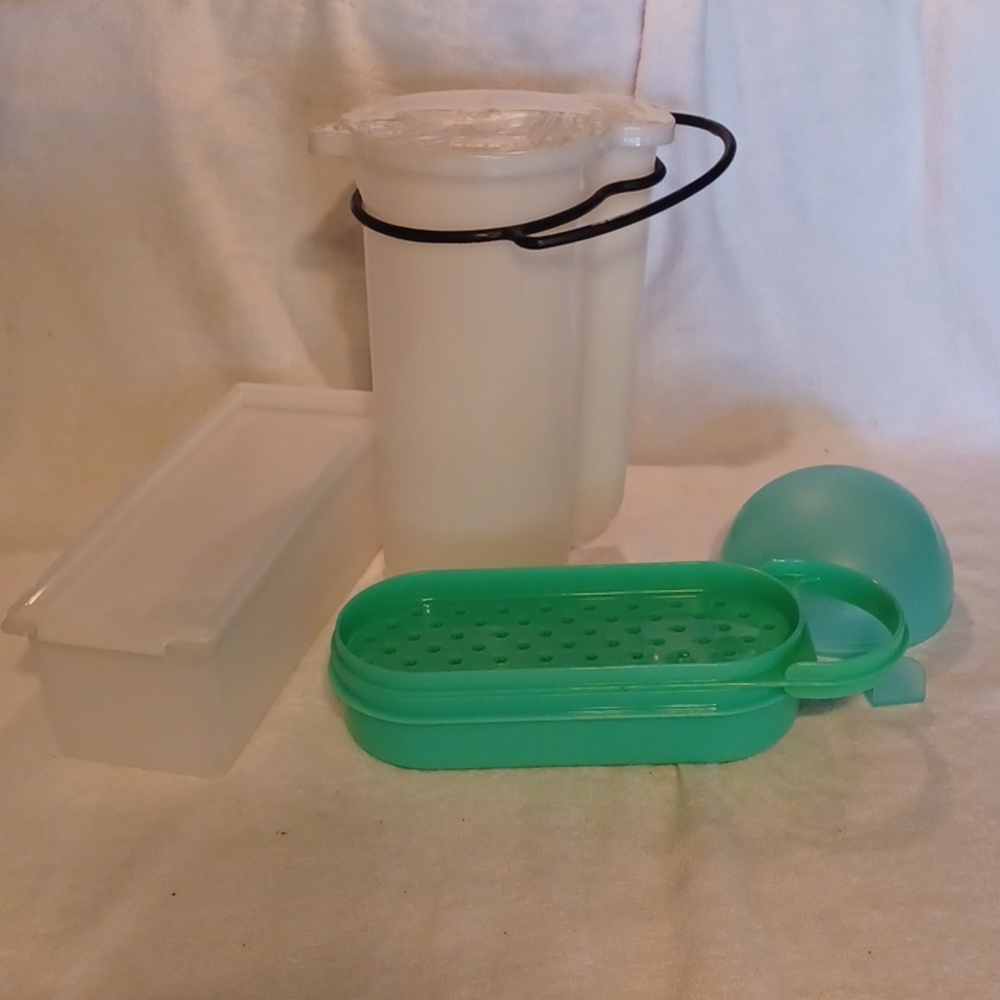 Tupperware Teal and White Kitchen Set Grater Onion Keeper Pitcher Cheese Keeper